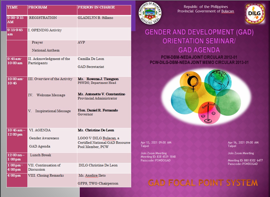 Orientation Seminar and GAD Agenda